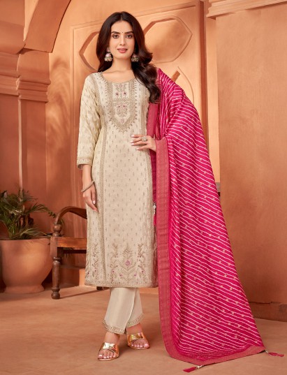 Cream silk straight cut festive salwar suit for women