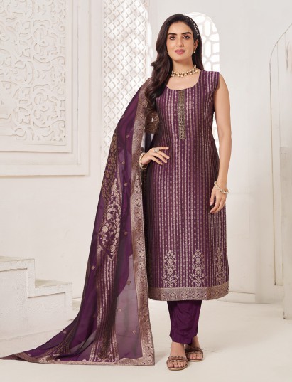 Purple silk festive salwar suit with zari shine for women