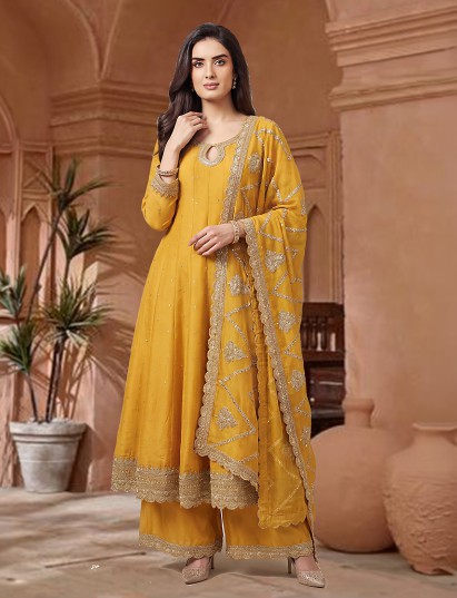 Mustard yellow silk pakistani anarkali palazzo suit for haldi wear