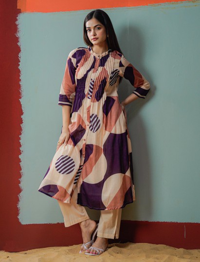 Cream and purple cotton printed kurti set