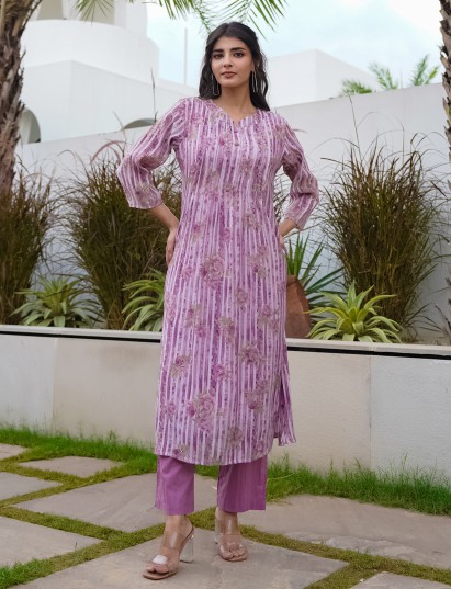 Purple silk floral printed kurti set