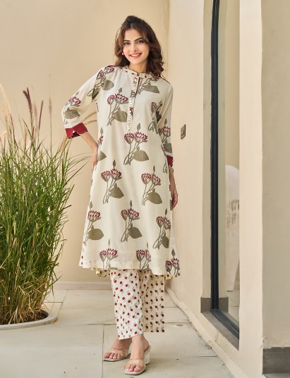 Cream cotton silk maroon floral printed kurti set