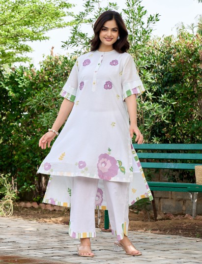 White cotton embroidered designer kurti set