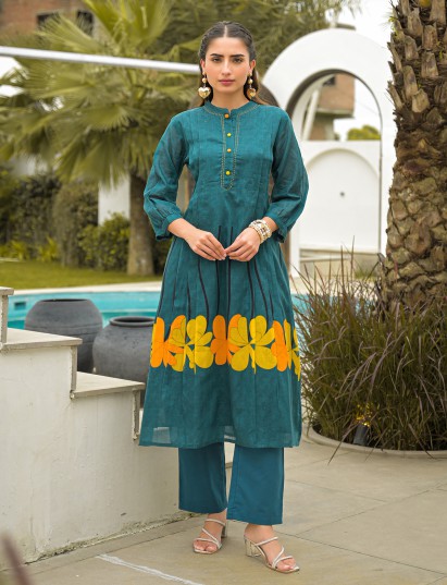 Rama green cotton floral printed kurti set