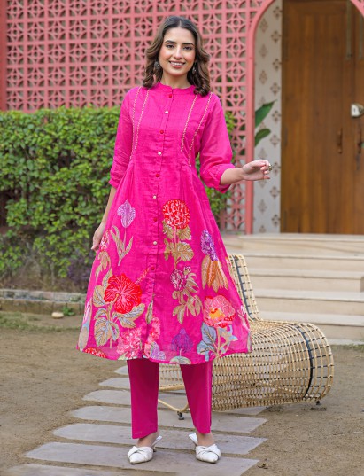 Rani pink silk floral printed kurti set