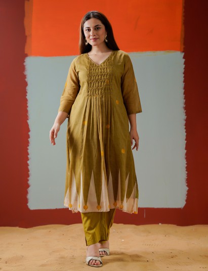 Mehendi olive cotton yoke style kurti set