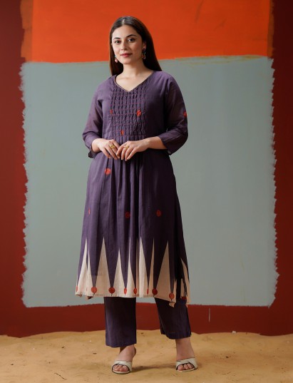 Purple cotton yoke style printed kurti set