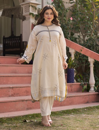 Cream cotton linen printed kurti set