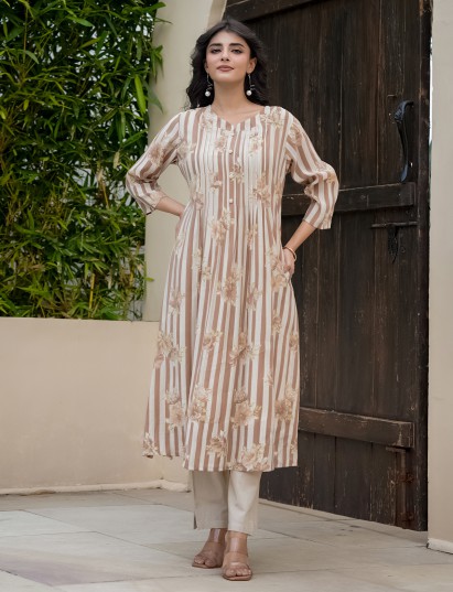 Off white brown georgette floral printed kurti set