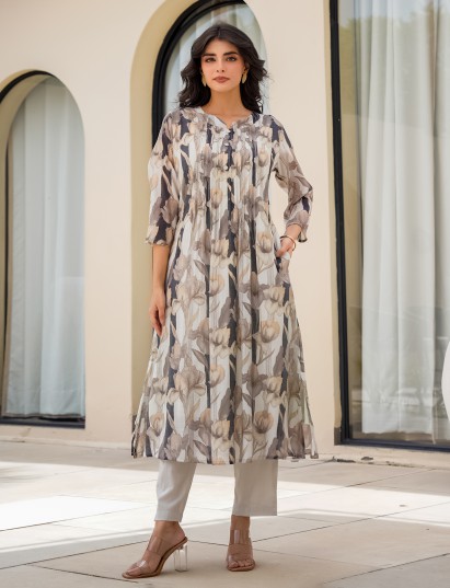 Off white silk floral printed kurti set
