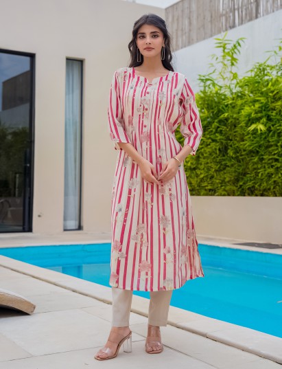 Off white pink silk floral printed kurti set