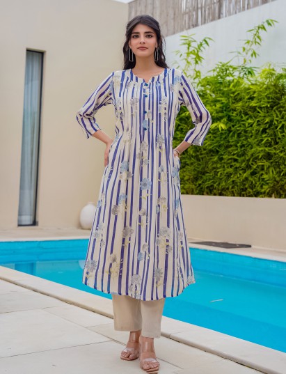 Off white blue silk floral printed kurti set
