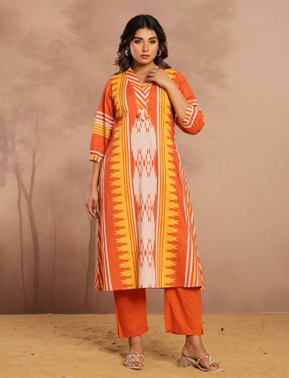 Orange silk printed kurti set for casual wear