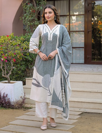 Off white grey linen printed kurti set dupatta