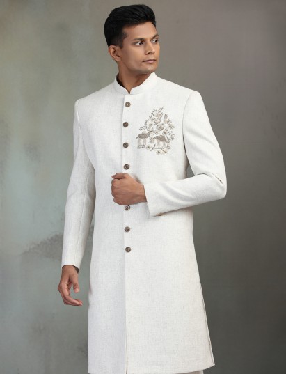 Cream classic silk wedding wear sherwani for men