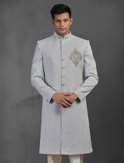 Grey sophisticated silk sherwani for reception and wedding wear