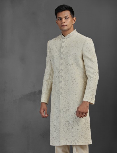 Cream refined silk wedding sherwani with embroidery