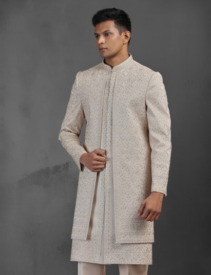 Gold luxurious silk layered sherwani for men
