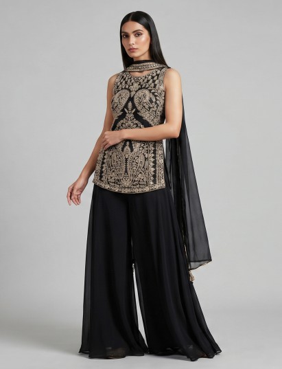 Black georgette palazzo suit with elegant embellishments