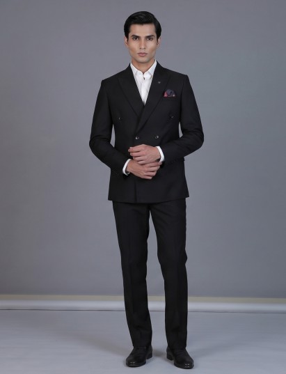 Deep black plain weave coat with structured peak lapel