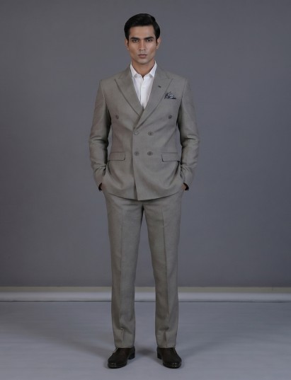 Taupe patterned coat with birdseye texture and peak lapel
