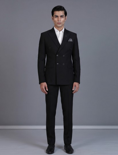 Black pinstripe double breasted coat with bold peak lapel