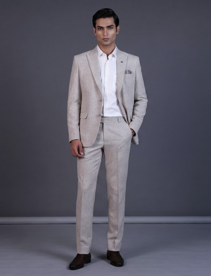 Cream textured slim coat with classic notch lapel design