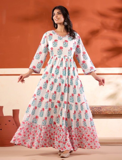 White cotton silk long kurti with multicolor florals