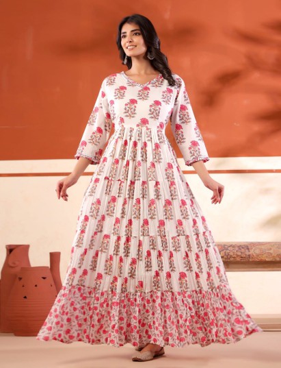 White cotton silk long kurti with soft pink florals