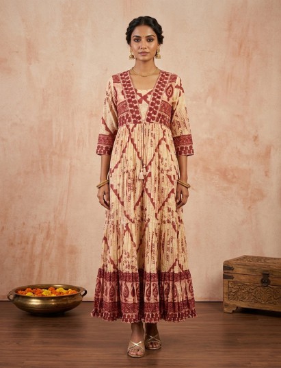 Cream and maroon printed cotton silk long kurti
