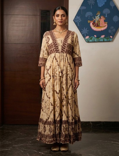 Cream and coffee printed cotton silk long kurti