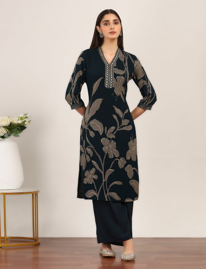 Black cotton silk printed straight kurti palazzo set