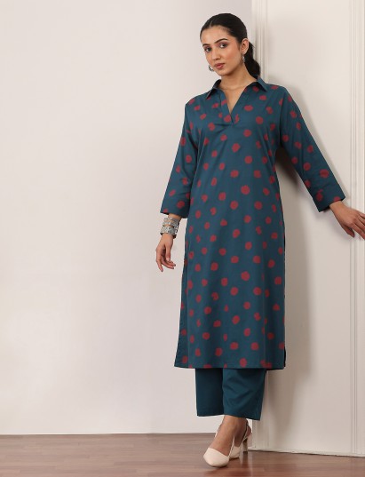Stone grey silk printed kurti pant set