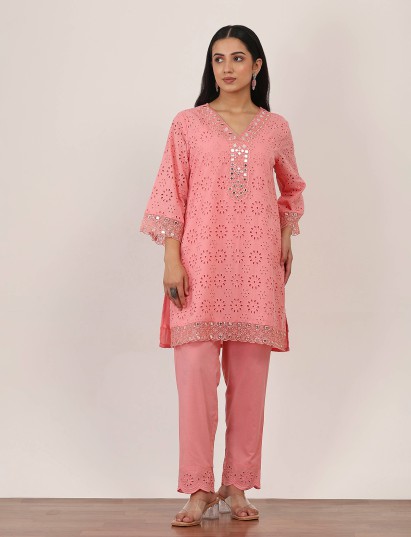 Pink cotton kurti set with aabla and cutwork detailing