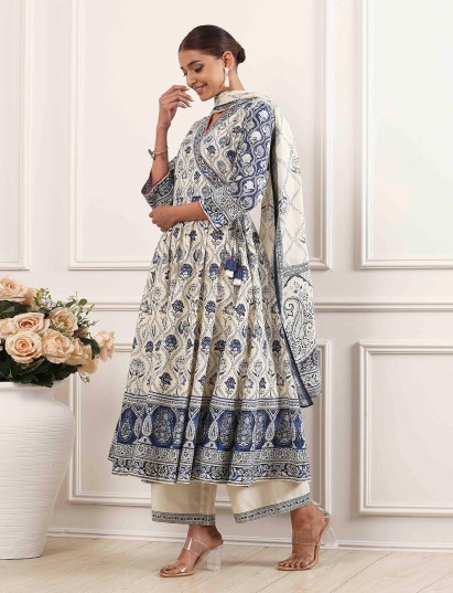 Off white floral cotton kurti palazzo set with dupatta