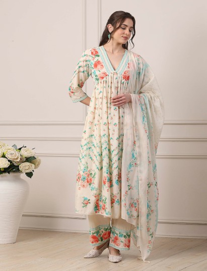 Cream georgette floral kurti set with dupatta elegance