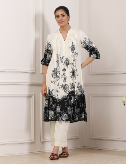 Off white black shaded floral linen kurti for casual wear