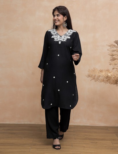 Black cotton kurti set with elegant white embroidery
