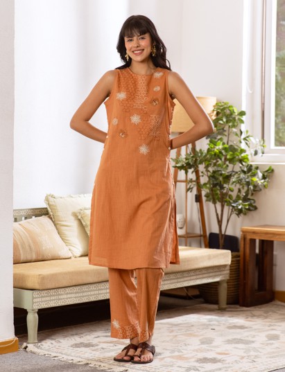 Dark peach cotton linen kurti set with bead accents
