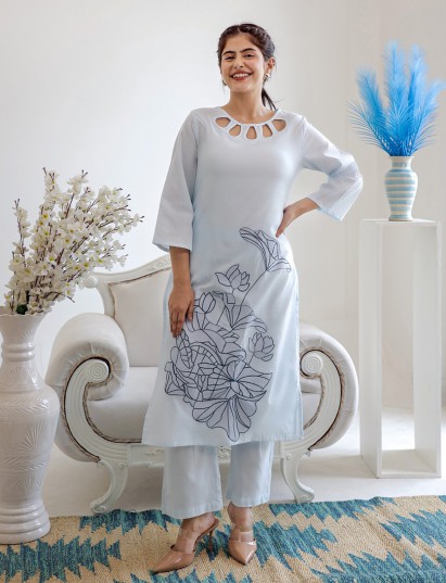 White linen floral printed kurti set for casual elegance