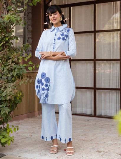 Mint blue cotton linen kurti set with embroidered detailing