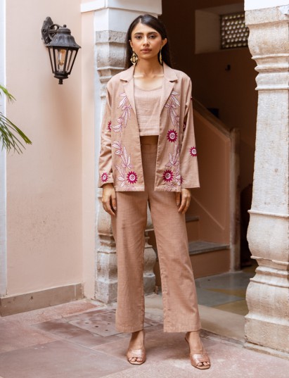 Beige cotton linen three piece jacket style co ord set