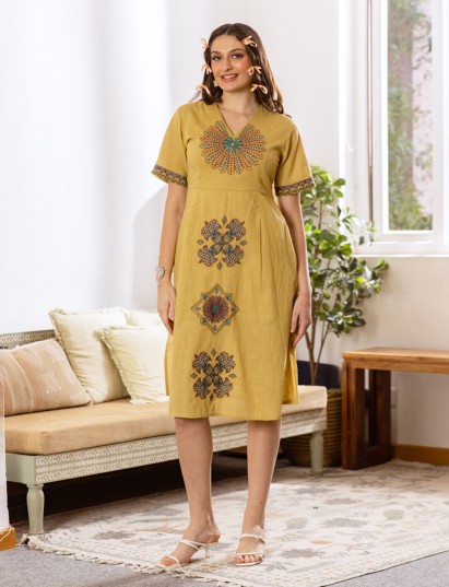 Dusty yellow cotton linen embroidered kurti for casual elegance