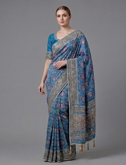 Blue art patola silk saree with elephant motif patterns