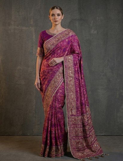 Rani pink art patola silk saree with bird motifs