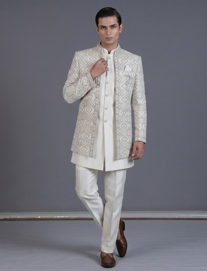 Cream raw silk indowestern set with sequin embroidery