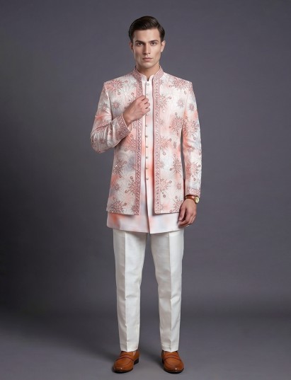 Peach shaded raw silk indowestern set with aabla work