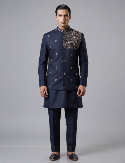Navy linen embellished waistcoat set with modern appeal