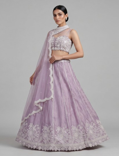 Lavender chiffon silk lehenga choli with sequin detailing