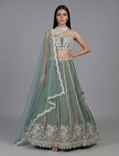 Pista green chiffon silk lehenga choli with pearl work
